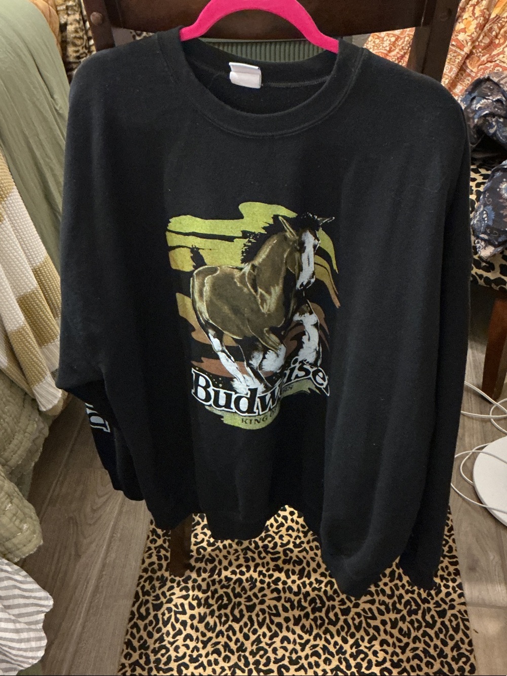 Junk food Budweiser Black Crewneck Sweatshirt with Brown Horse Graphic